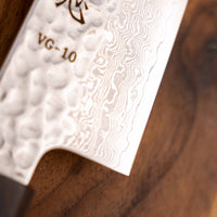 Detajl noža Hayabusa Gyuto VG-10 Tsuchime Damascus Ebony 210 mm, prikazuje rezilo z damask vzorcem.