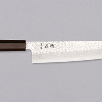 Hayabusa Gyuto VG-10 Tsuchime Damascus Ebony 240 mm, vsestranski kuhinjski nož z elegantnim damask vzorcem in osemkotnim ročajem iz temne ebenovine, primeren za domačo in profesionalno uporabo.