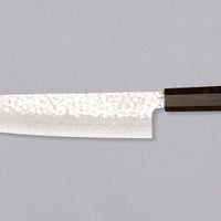 Hayabusa Gyuto VG-10 Tsuchime Damascus Ebony 240 mm, vsestranski kuhinjski nož z elegantnim damask vzorcem in osemkotnim ročajem iz temne ebenovine, primeren za domačo in profesionalno uporabo.