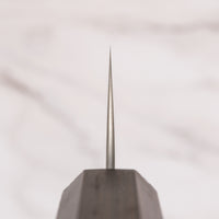 Pogled na choil noža Hayabusa Sujihiki Aogami Super Ebony 270 mm, ki poudarja geometrijo rezila in tanko rezalno ostrino, primerno za natančne rezalne tehnike.