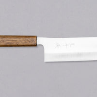 Kurosaki Nakiri Gekko VG-XEOS Migaki 165 mm_1 Nož je izdelan iz novega jekla VG-XEOS, ki je še ovito v tančico skrivnosti, saj v jeklarni Takefu niso podali vseh informacij o kemijski sestavi. Jeklo zagotavlja dolgotrajno ostrino, enostavno vzdrževanje, super fino ostrino in odlično odpornost proti koroziji.