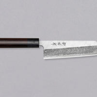 Muneishi Bunka Aogami #2 Damascus 165 mm je vsestranski japonski kuhinjski nož, namenjen za pripravo mesa, rib in zelenjave. Ta nož se drži tradicije, a jo tudi nadgrajuje: oblika bunka, visokoogljično jeklo Aogami #2, udoben ovalni ročaj iz palisandra. Prehod iz migaki v megličast damask vzorec daje pridih elegance.