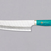 Japonski nož Nigara Kiri-Gyuto SG2 Migaki Tsuchime Turquoise je večnamenski japonski kuhinjski nož, primeren za pripravo mesa, rib in zelenjave. Jedro iz prašnega jekla SG2 ter hamaguri presek profila zagotavljata dolgotrajno ostrino ter minimalno vzdrževanje ter odpornost na korozijo. Oglejte si našo obširno ponudbo japonskih nožev!