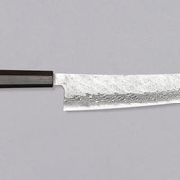 Nigara Kiritsuke Gyuto VG-10 Damascus Tsuchime 240 mm je večnamenski japonski kuhinjski nož, primeren za pripravo mesa, rib in zelenjave. Jedro iz nerjavečega VG-10 jekla zagotavlja dolgotrajno ostrino ter minimalno vzdrževanje. Izjemne lastnosti in videz rezila dopolnjuje ročaj japonskega tipa (Wa) iz luksuzne ebenovine.