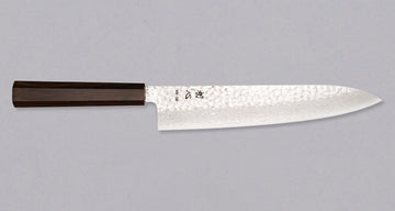Hayabusa Gyuto VG-10 Tsuchime Damascus Ebony 240 mm, vsestranski kuhinjski nož z elegantnim damask vzorcem in osemkotnim ročajem iz temne ebenovine, primeren za domačo in profesionalno uporabo.
