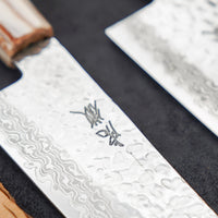 Kotetsu VG-10 Damascus Set je kot nalašč za vsakogar, ki želi z zgolj dvema nožema premagati vse kulinarične prepreke. Vsebuje dva odlična japonska noža - gyuto in santoku, izdelana iz VG-10 nerkjavečega jekla in opremljena s klasičnim japonskim ročajem iz tikovine.