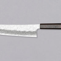 Nigara Kiritsuke Gyuto VG-10 Damascus Tsuchime 210 mm je večnamenski japonski kuhinjski nož, primeren za pripravo mesa, rib in zelenjave. Jedro iz nerjavečega VG-10 jekla zagotavlja dolgotrajno ostrino ter minimalno vzdrževanje. Izjemne lastnosti in videz rezila dopolnjuje ročaj japonskega tipa (Wa) iz luksuzne ebenovine.