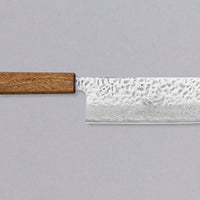 Tsunehisa Nakiri Damascus Tsuchime Oak 165 mm. Ima rezilo z damask vzorcem in odtisi kladiv ter preprost, a obstojen tradicionalni Wa ročaj iz lesa hrasta. Zaradi zelo tankega rezila, ki mu sledi še tanjše konkavno brušenje, ta nož uvrščamo v kategorijo lahkih, srednje velikih japonskih nožev. Visoko zmogljivo jeklo, čist japonski dizajn, enostavno vzdrževanje in cena, prijazna denarnici.